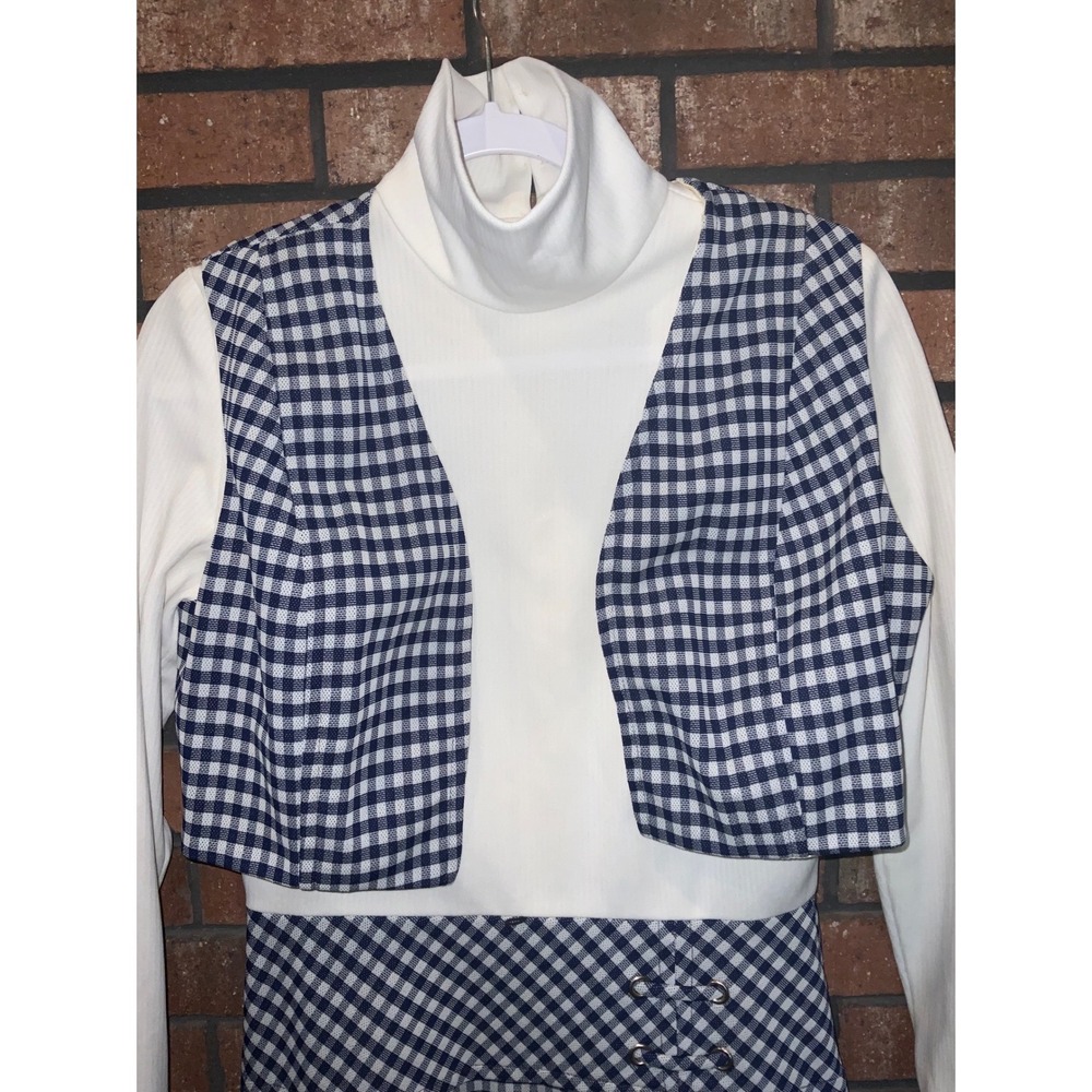 Vintage 60s Mod Gingham Check Faux Vest Turtleneck Dress Navy Blue White - Picture 3 of 5